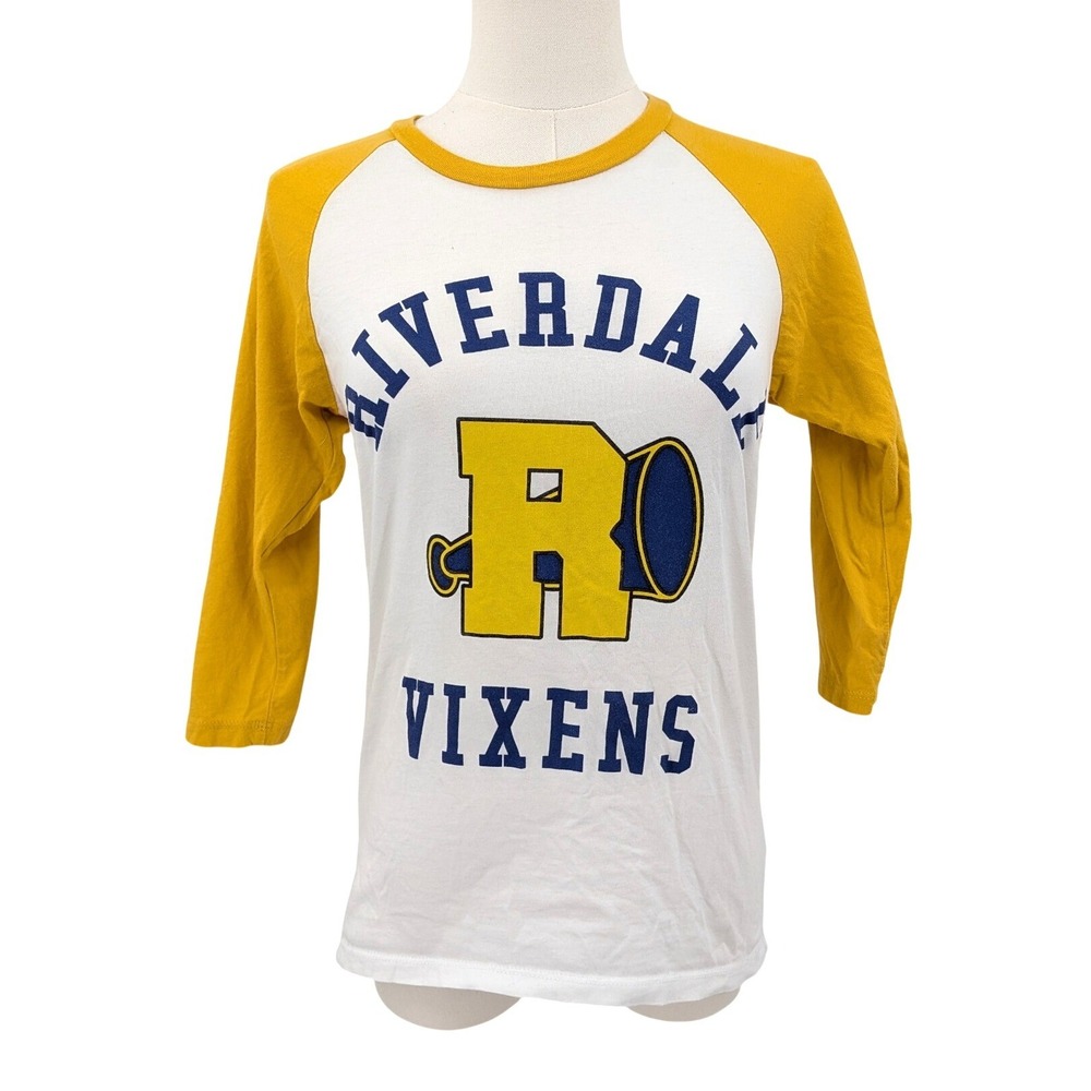 Riverdale Vixens Raglan‎ Tee Y2K Varsity Fandom Size Small White Yellow Jersey